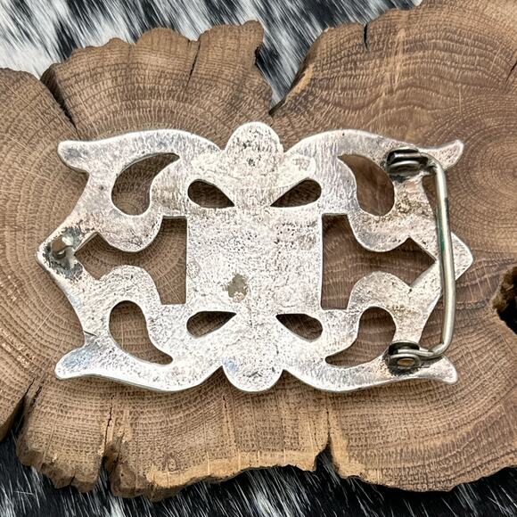 1980s Native American NAVAJO Sandcast Silver New Lander Turquoise Belt Buckle - Picture 2 of 3